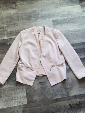 Carmen Marc Valvo Size 14 Blush Pink Open Front Blazer Jacket Gold Zip Pockets